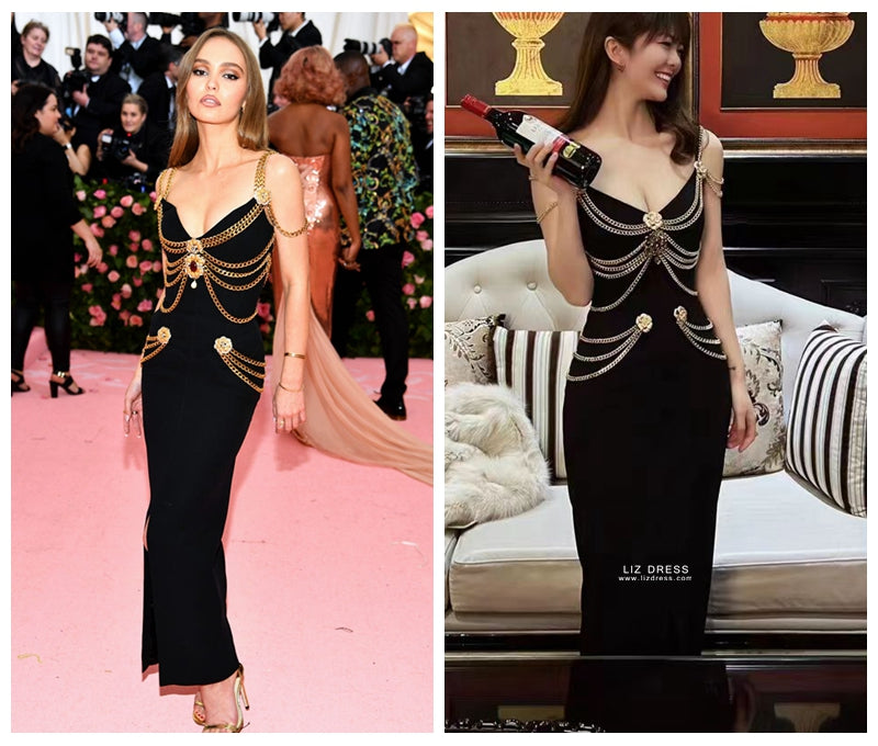 Lily-Rose Depp Inspired Black Dress with Gold Chains Met Gala 2019 LausenCrafts Lily-Rose Depp Inspired Black Dress with Gold Chains Met Gala 2019 LausenCrafts