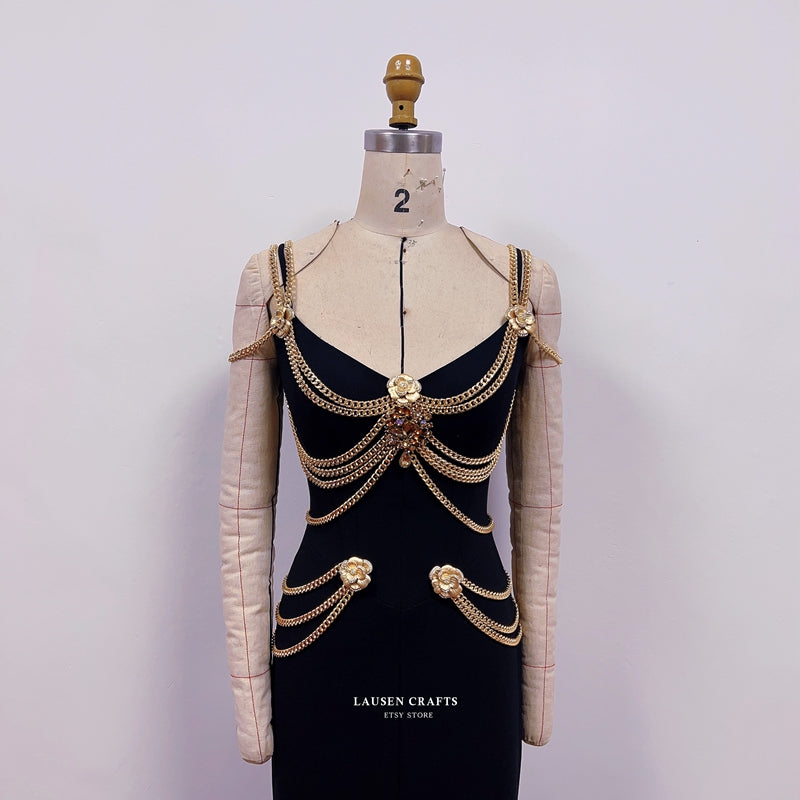 Lily-Rose Depp Inspired Black Dress with Gold Chains Met Gala 2019