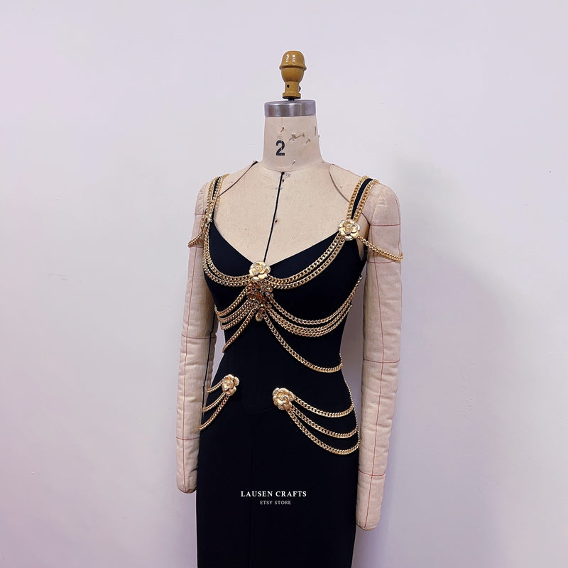 Lily-Rose Depp Inspired Black Dress with Gold Chains Met Gala 2019