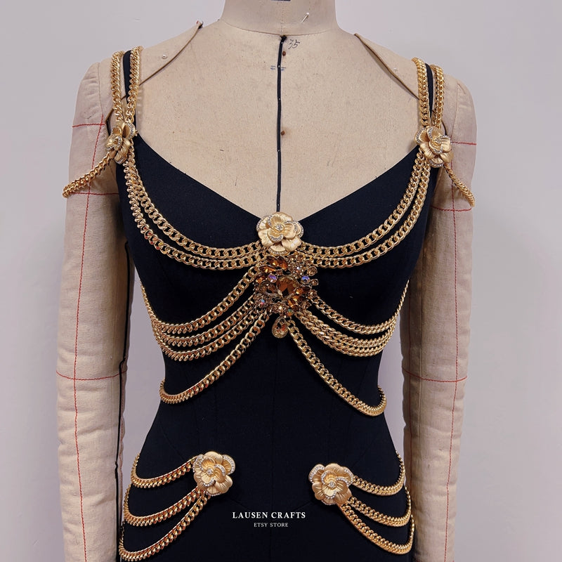 Lily-Rose Depp Inspired Black Dress with Gold Chains Met Gala 2019