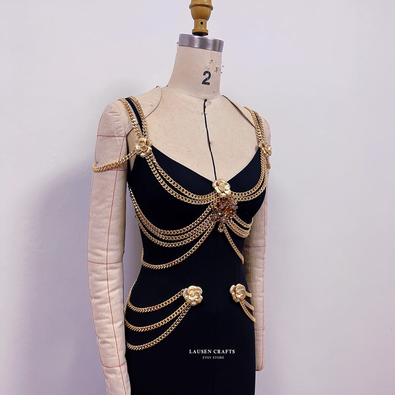 Lily-Rose Depp Inspired Black Dress with Gold Chains Met Gala 2019