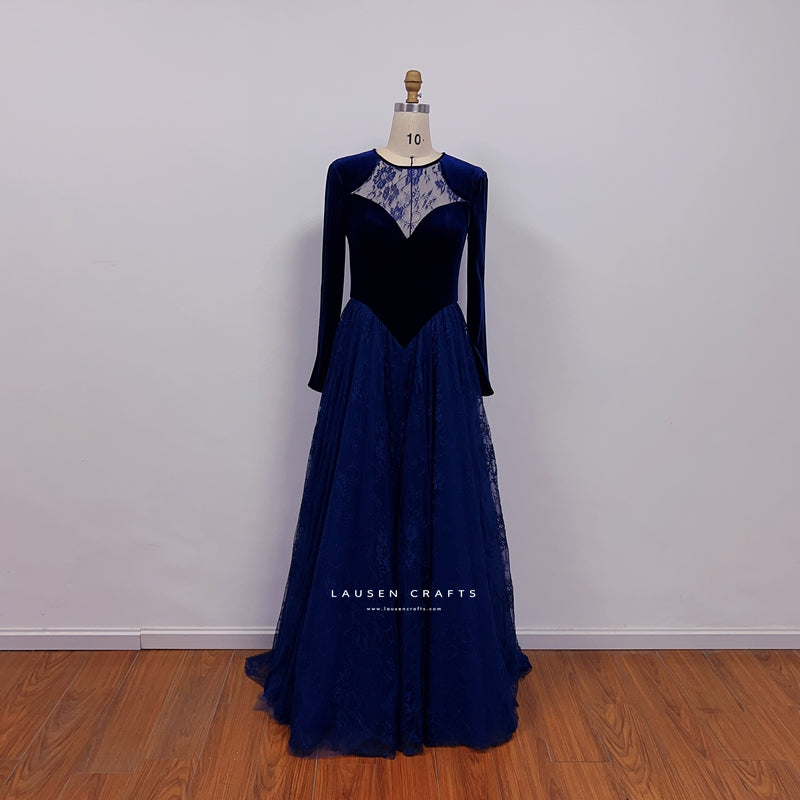 Princess Diana Inspired Dark Navy Blue Lace Velvet Celebrity Evening Dress