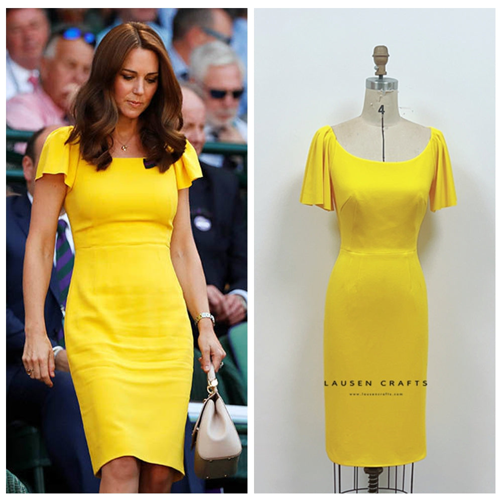 Kate Middleton Inspired Yellow Midi Cocktail Party Celebrity Dress – LausenCrafts