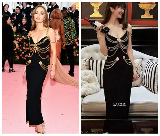 Lily-Rose Depp Inspired Black Dress with Gold Chains Met Gala 2019