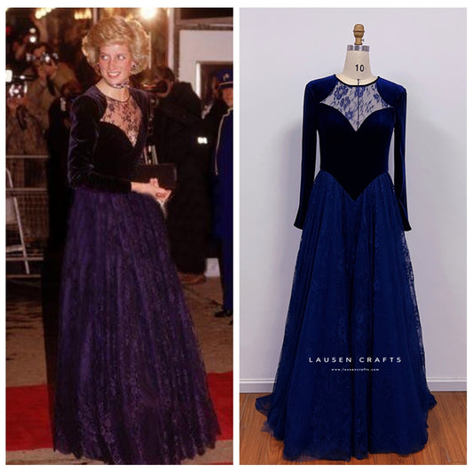 Princess Diana Inspired Dark Navy Blue Lace Velvet Celebrity Evening Dress