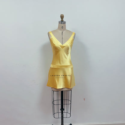 sabrina carpenter in yellow dress Sabrina Carpenter Yellow Mini Birthday Party Dress – LausenCrafts